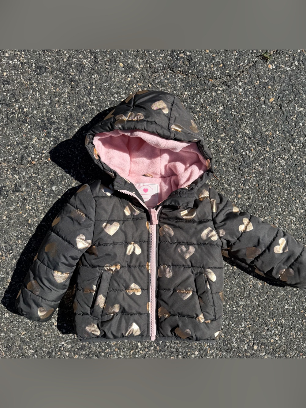 Carter's Black Puffer Jacket with Gold Hearts and Pink Fleece